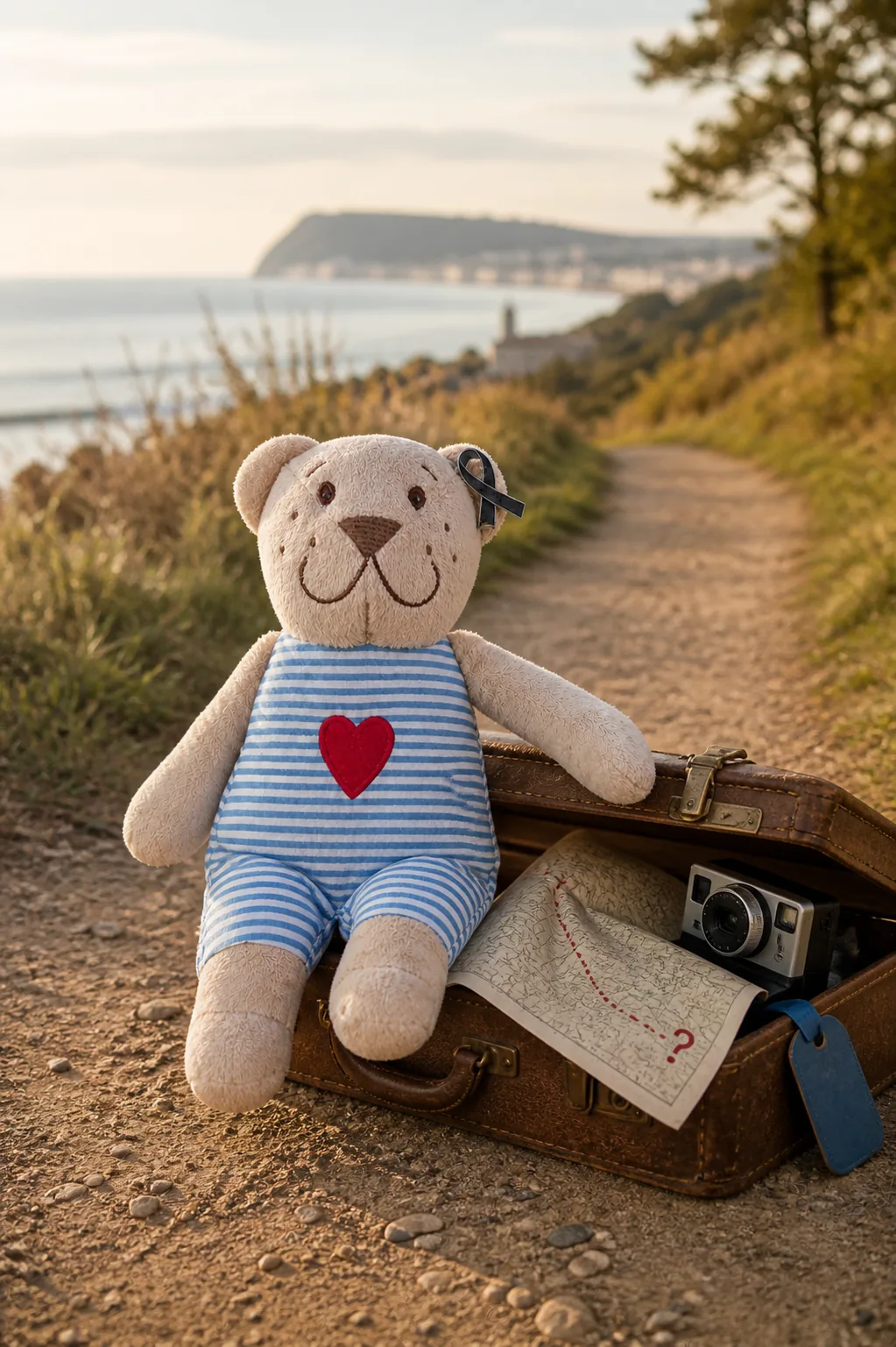 Brian packed beside his suitcase, map and camera at the start of a coastal path