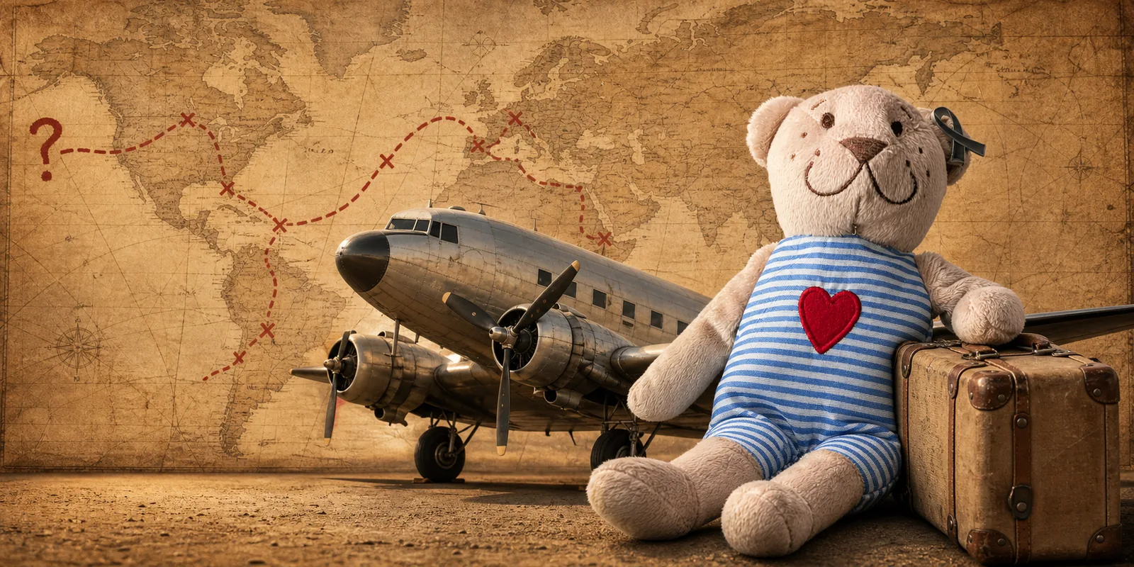 Brian with his suitcase, a vintage Dakota aircraft and a travelled route across an old world map