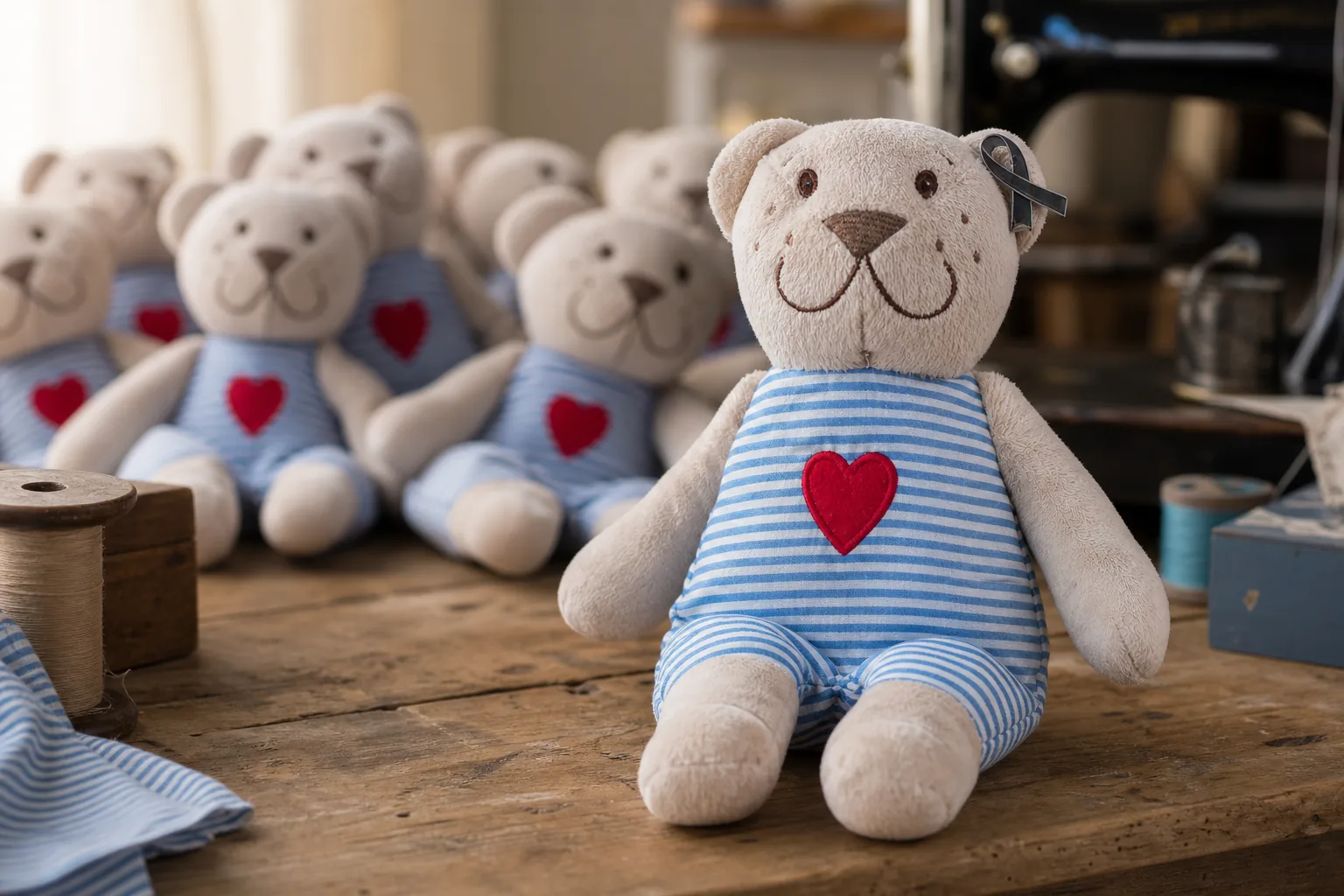 Brian in a vintage bear-making workshop with a small gathering of bears