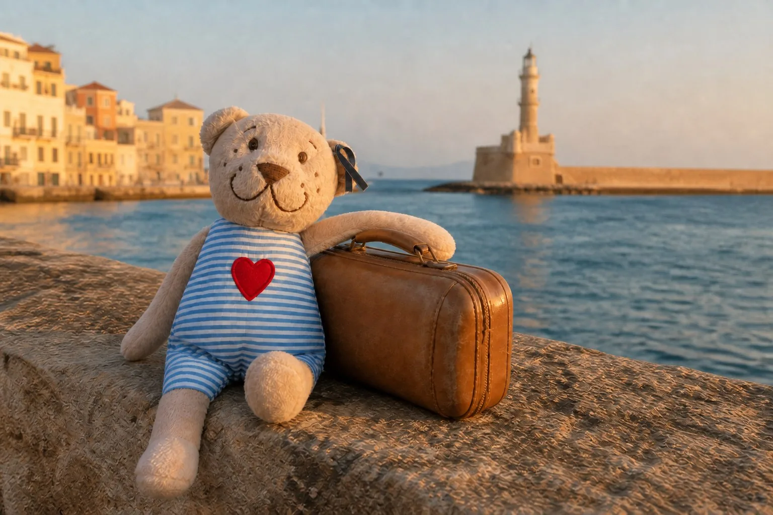 Brian relaxing with his suitcase at Chania harbour in Crete