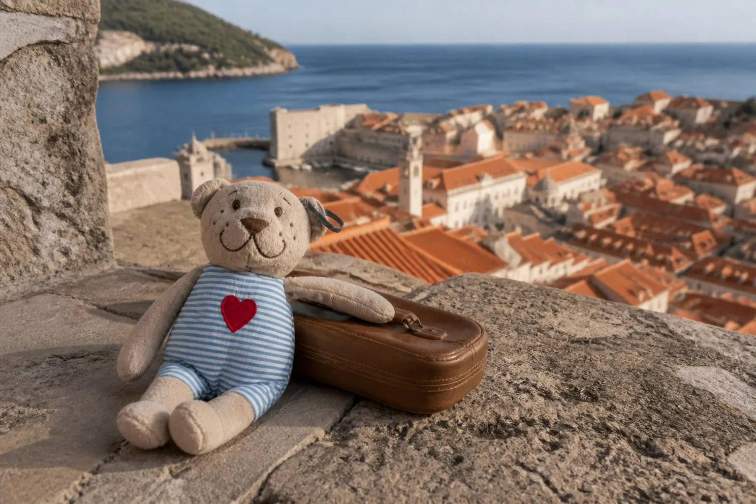 Brian pausing with his suitcase above Dubrovnik in Croatia