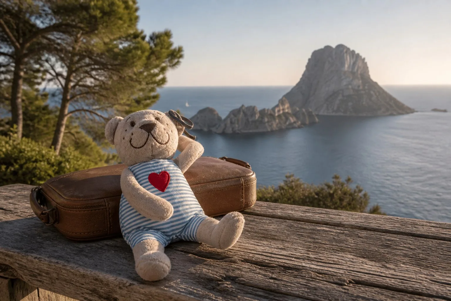 Brian reclining against his suitcase overlooking Es Vedrà in Ibiza