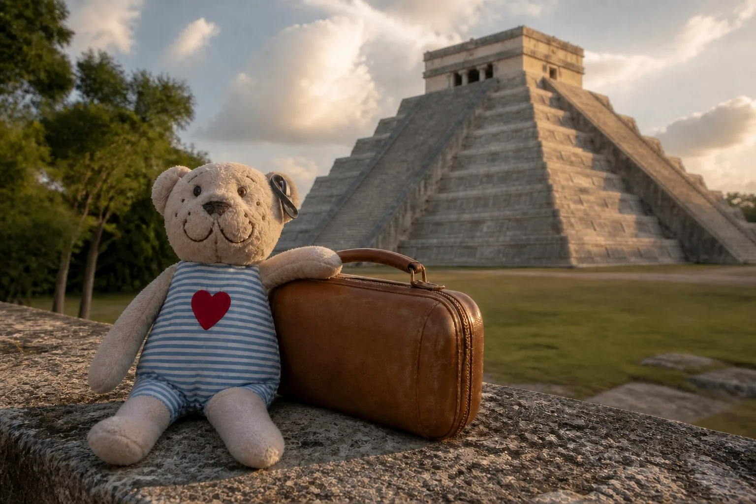 Brian resting beside his suitcase at Chichén Itzá in Mexico