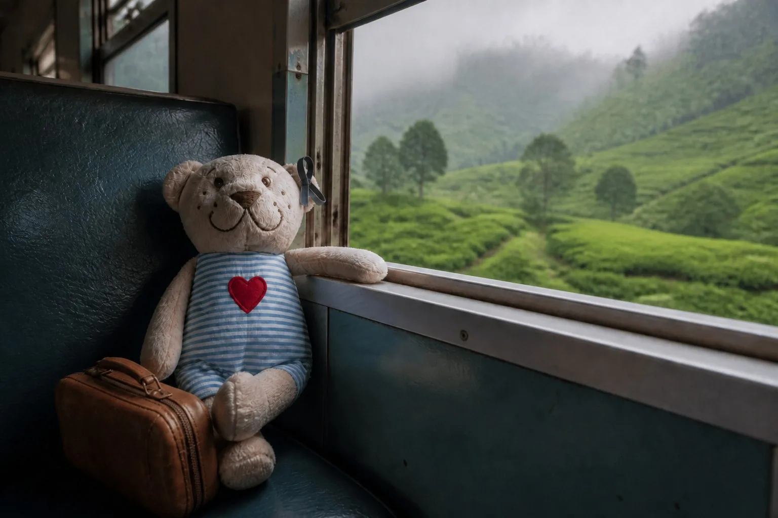 Brian and his suitcase travelling through Sri Lanka's tea country by train
