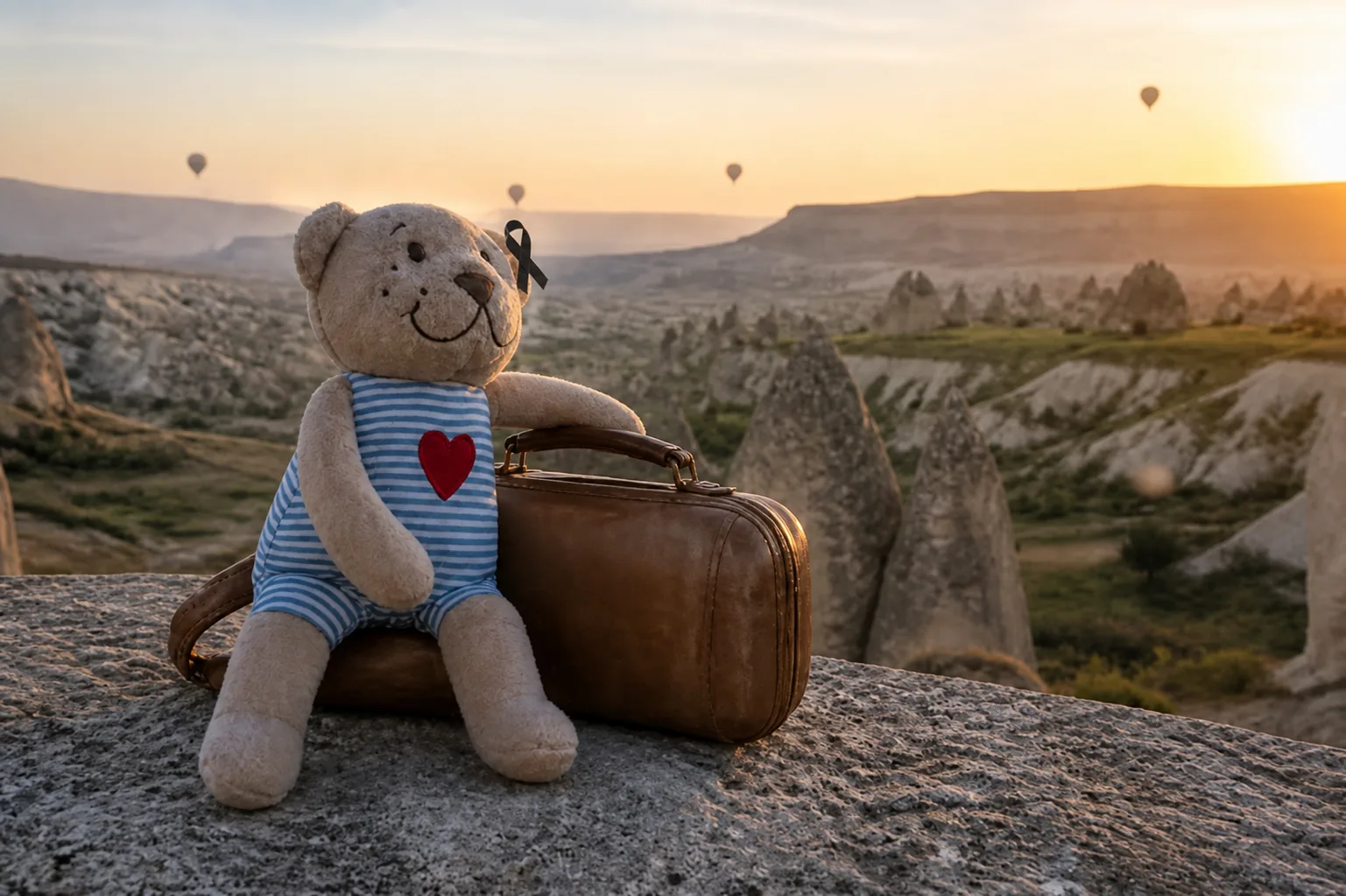 Brian sitting on his suitcase at sunrise in Cappadocia, Türkiye